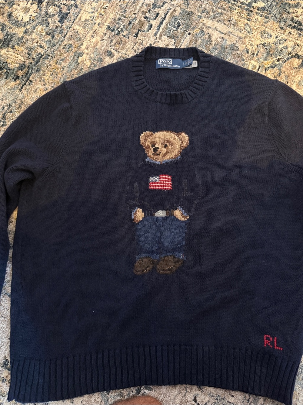 Ralph Lauren Navy Bear Crewneck Sweater with Flag Motif